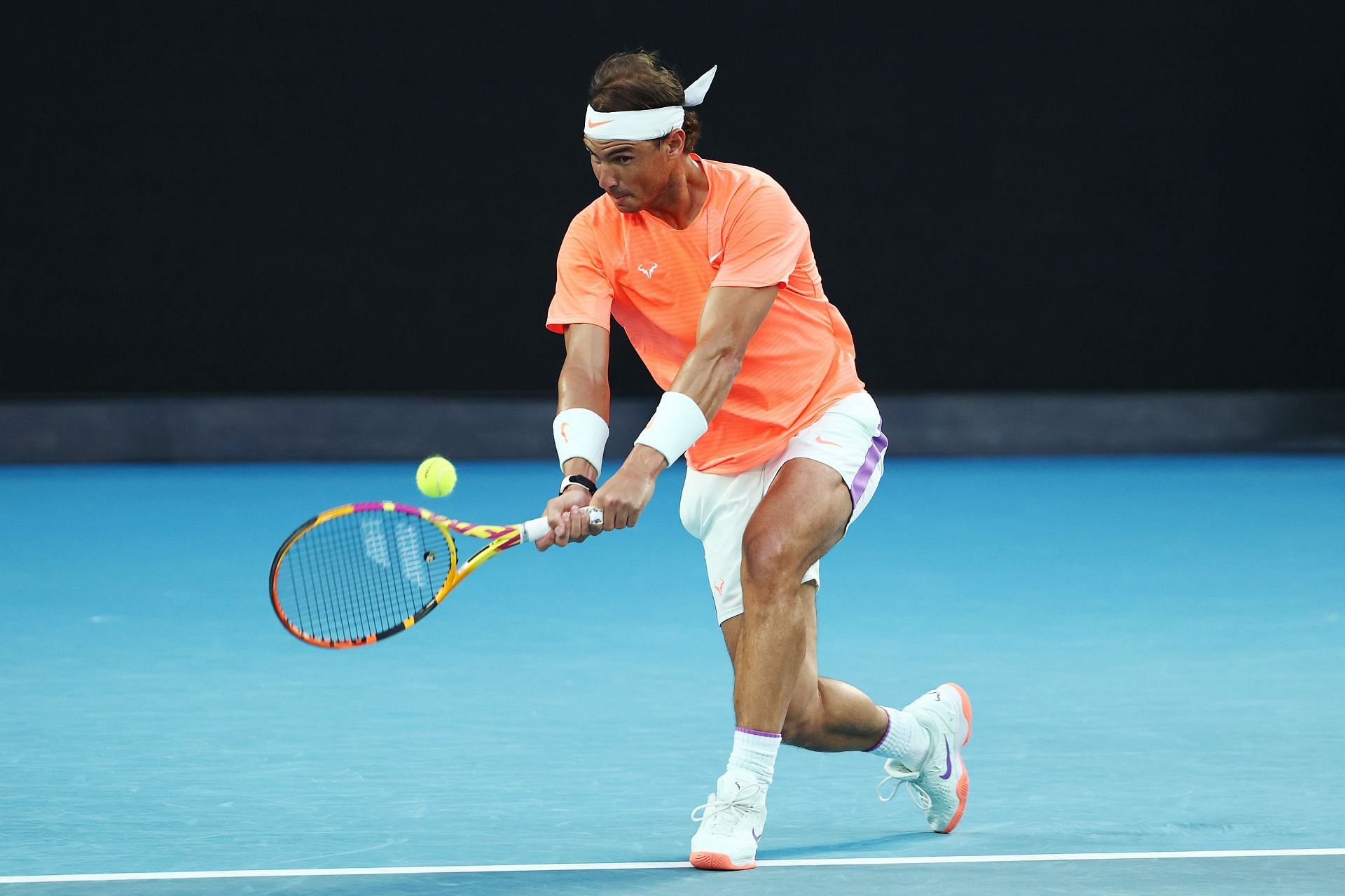 Rafael Nadal during his quarterfinal with Stefanos Tsitsipas at the 2021 Australian Open