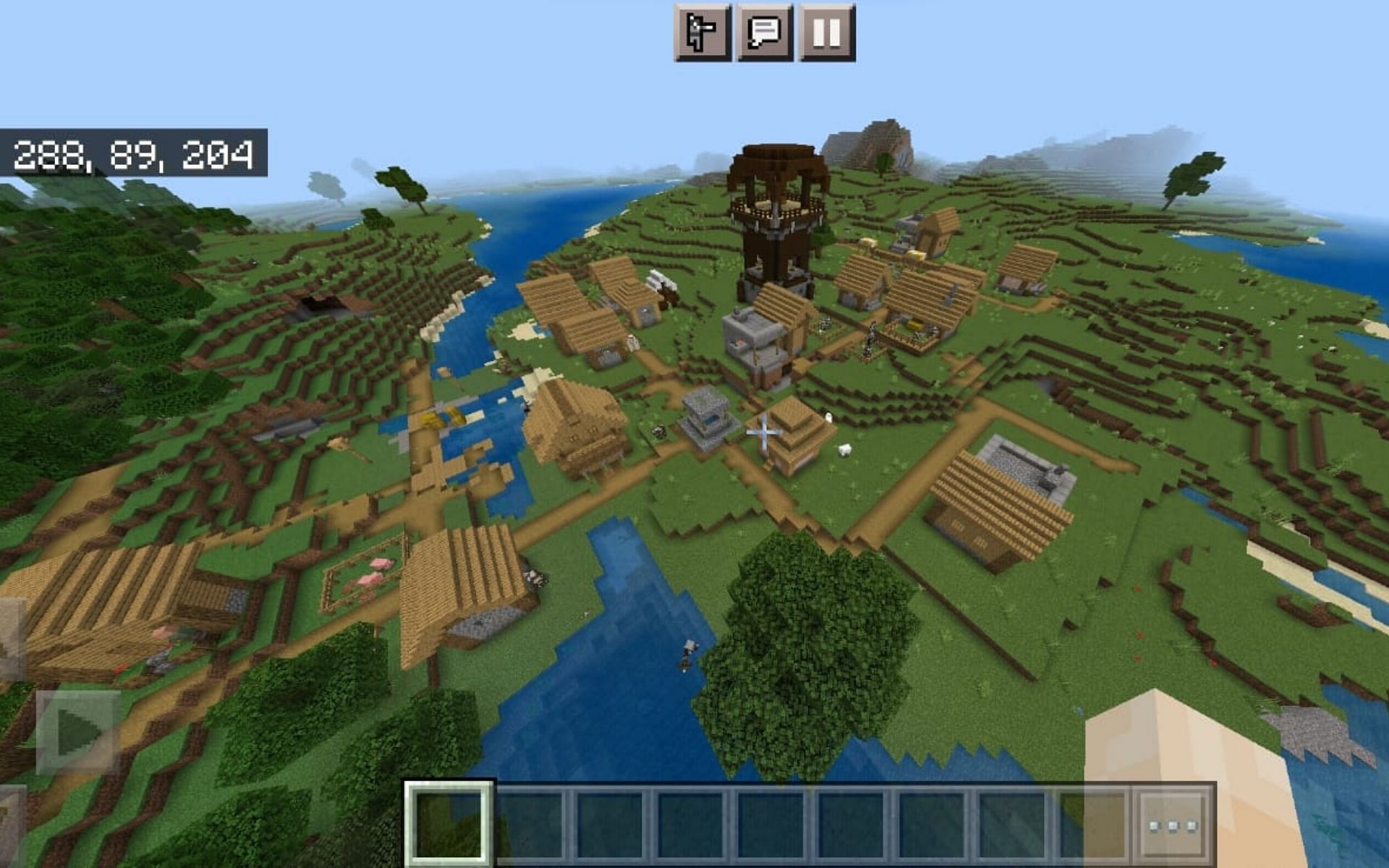 Three Blacksmith Village with a Pillager Outpost on the centre (Image via Minecraft)