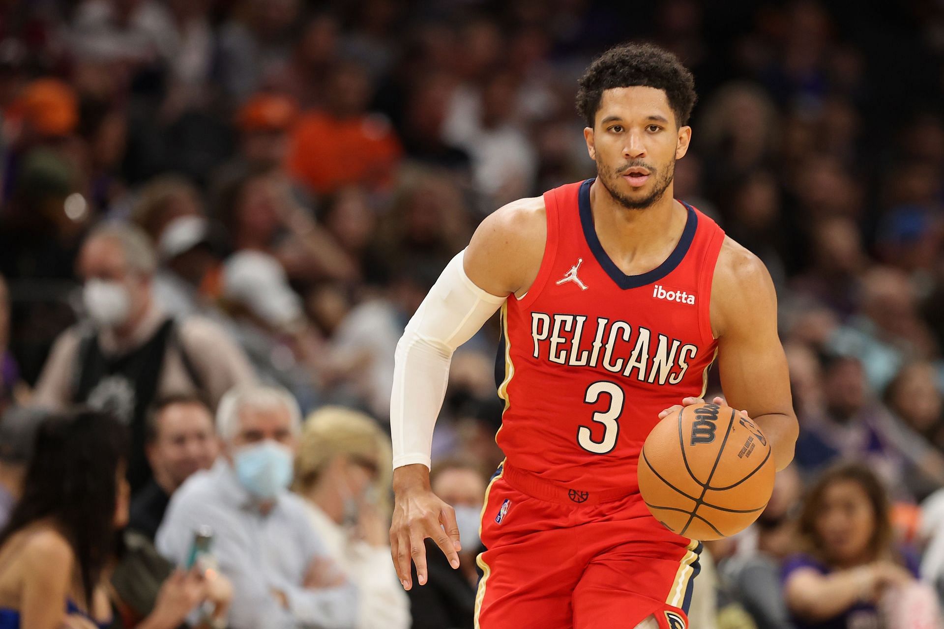 Josh Hart #3 of the New Orleans Pelicans handles the ball during the NBA game at Footprint Center on November 02, 2021 in Phoenix, Arizona.