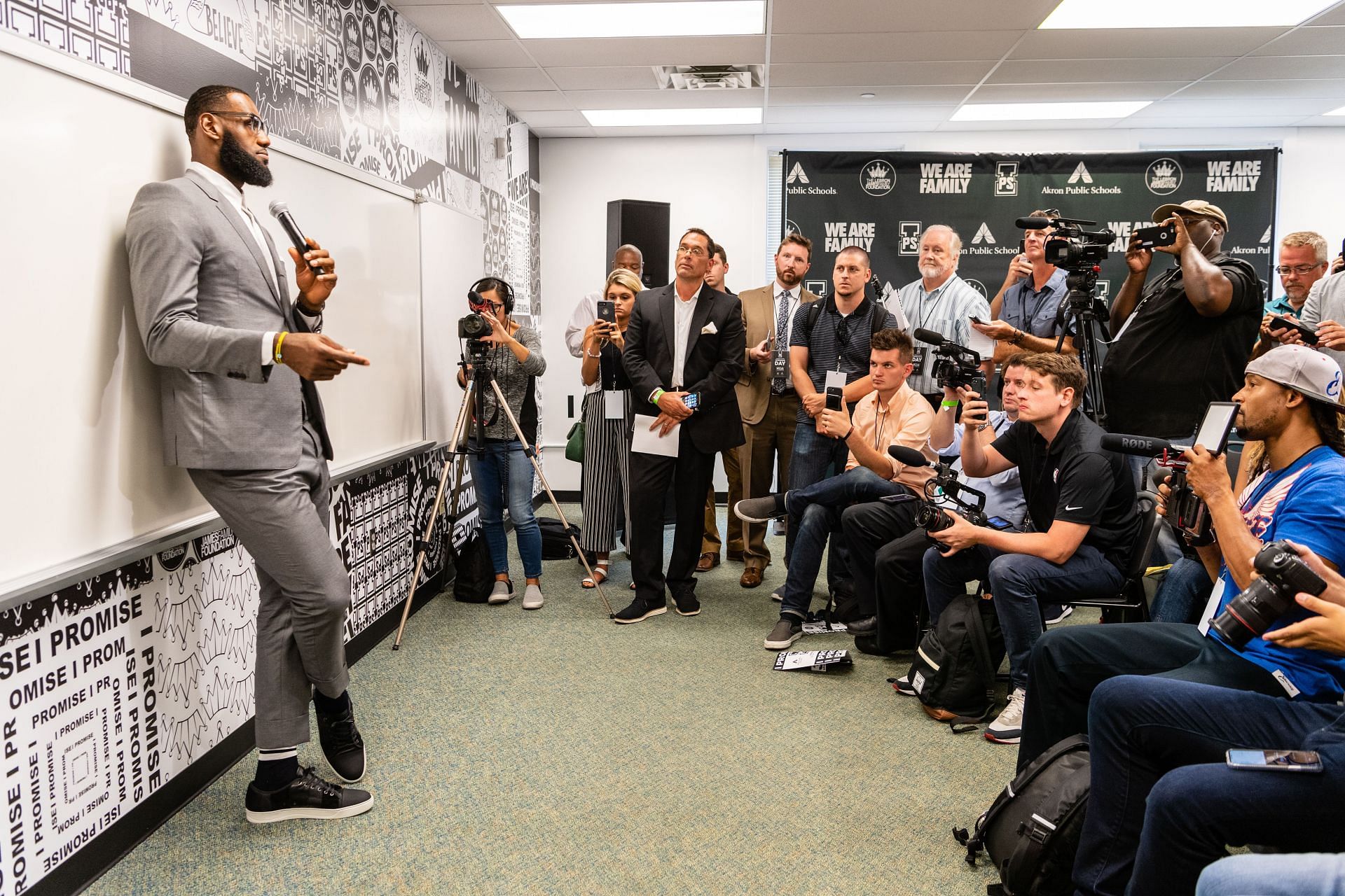 LeBron James addresses the media after the opening ceremonies of the I Promise School on July 30, 2018, in Akron, Ohio