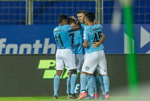 Mumbai City FC celebrate a goal during their win over Jamshedpur FC. [Credits: ISL]