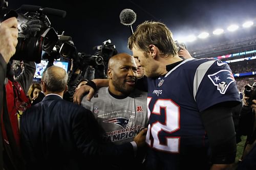 Harrison and Brady after the AFC Championship against the Jaguars in 2018