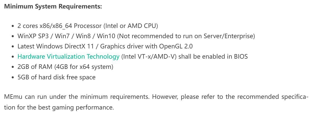 Hardware requirements (Image via MEmu Play)