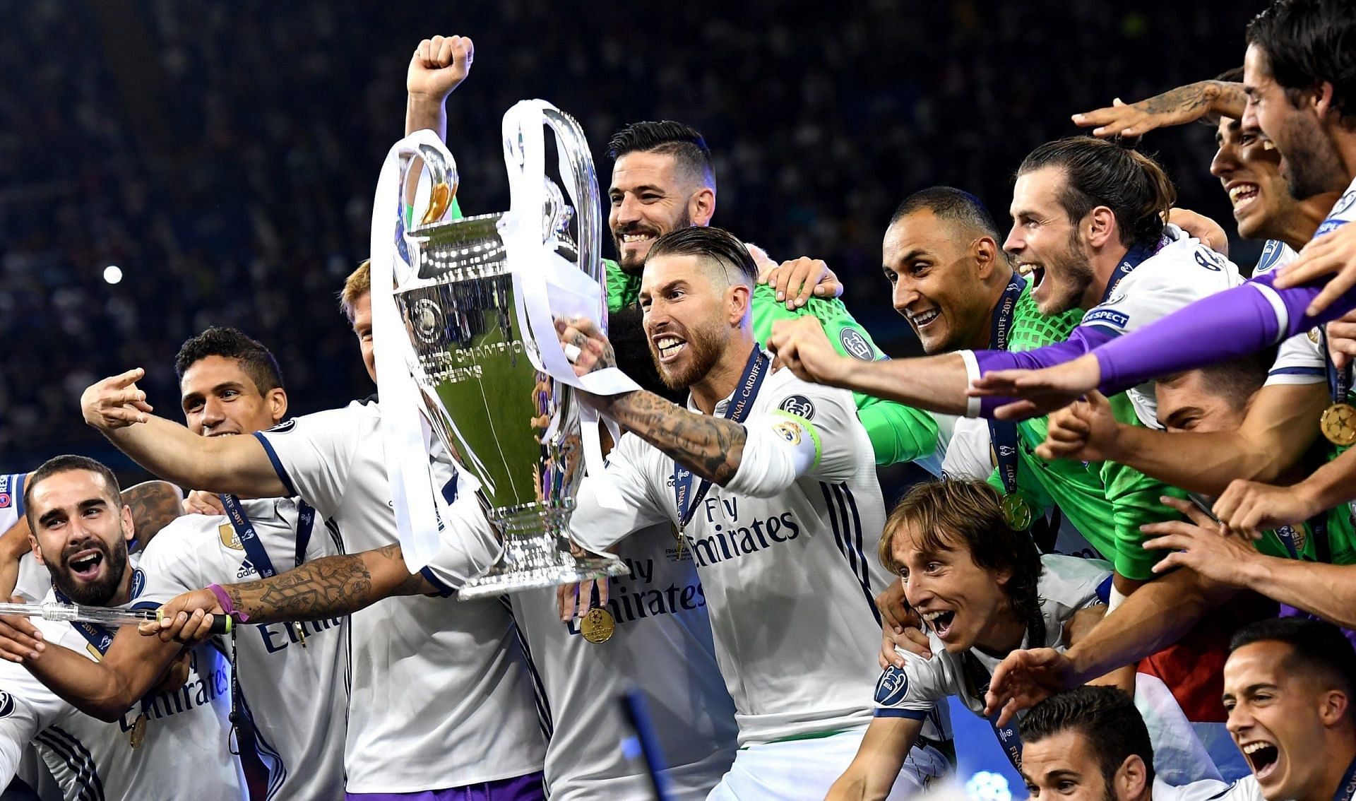 Real Madrid captain Sergio Ramos leads the celebrations after winning the Champions League.