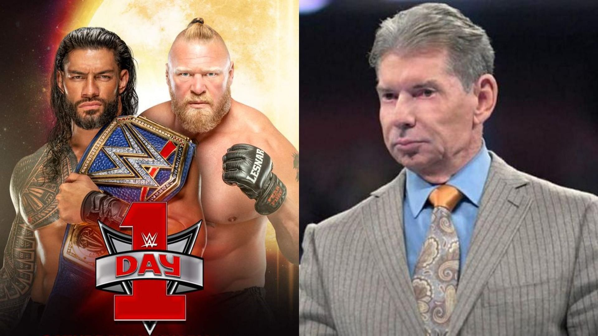 Brock Lesnar and Roman Reigns (left); Vince McMahon (right)