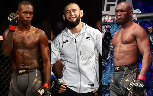 Israel Adesanya (left), Khamzat Chimaev (center), and Kamaru Usman (right)