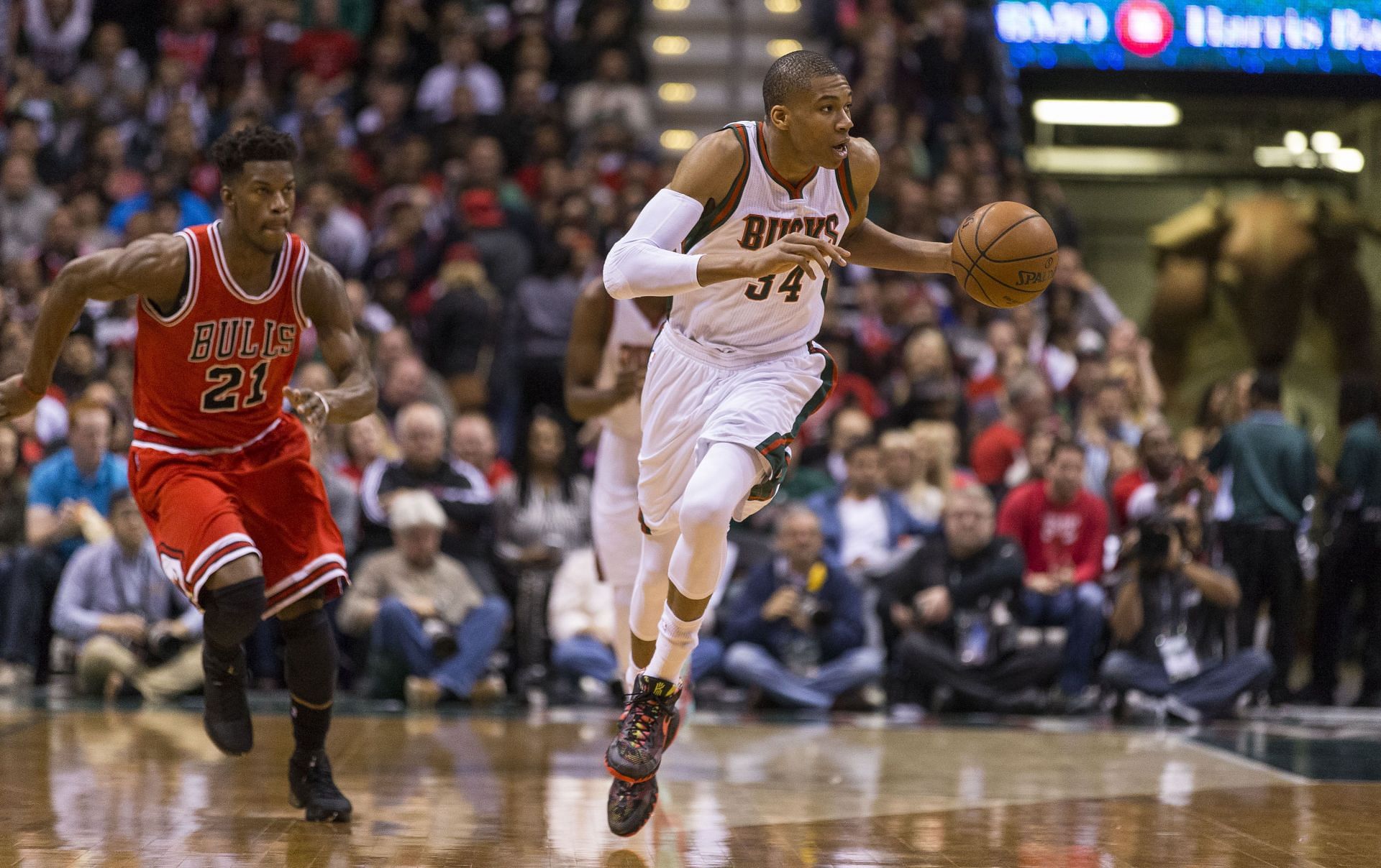 Giannis Antetokounmpo #34 of the Milwaukee Bucks in the 2015 NBA Playoffs.