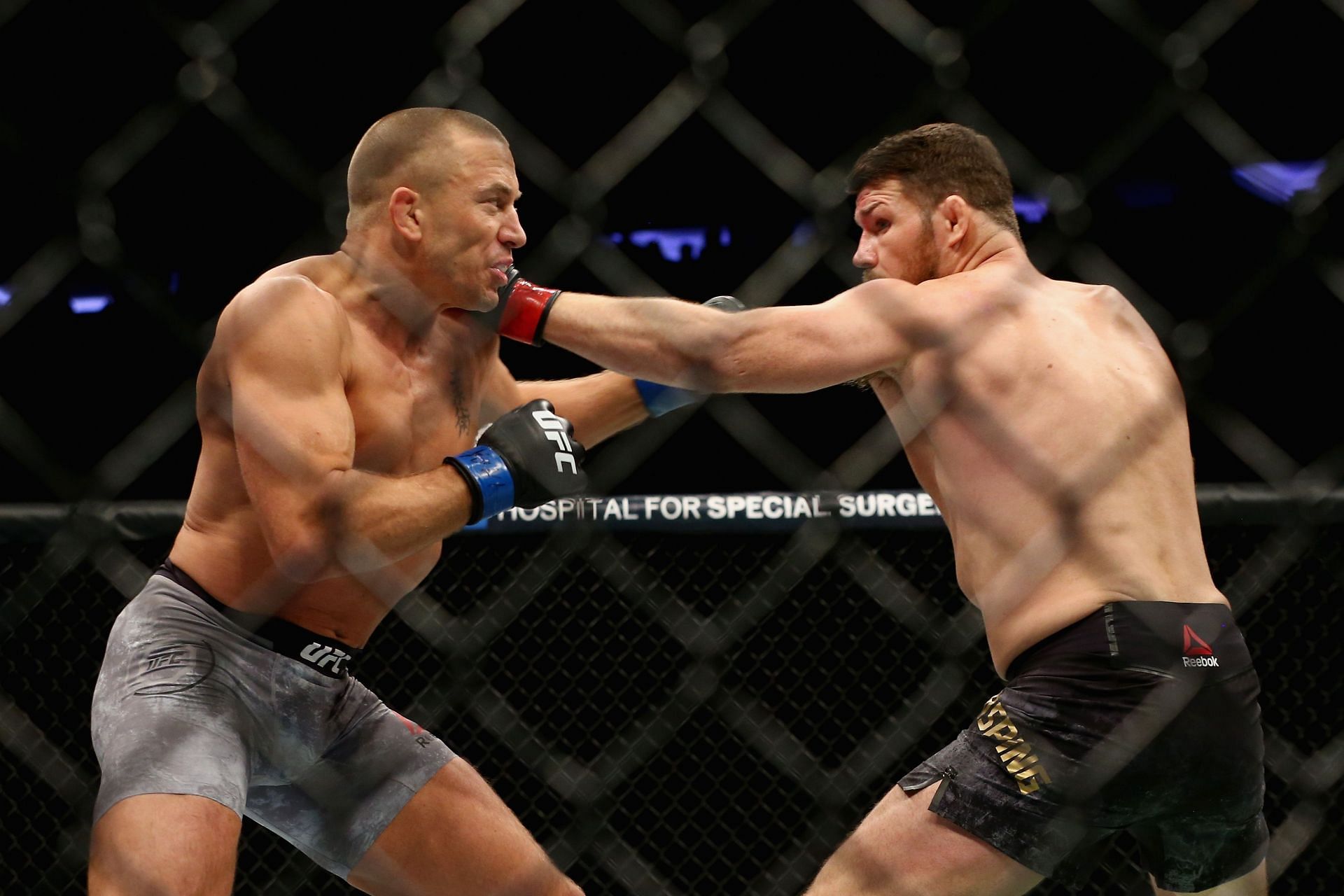 Georges St-Pierre (L) and Michael Bisping (R) in action at UFC 217