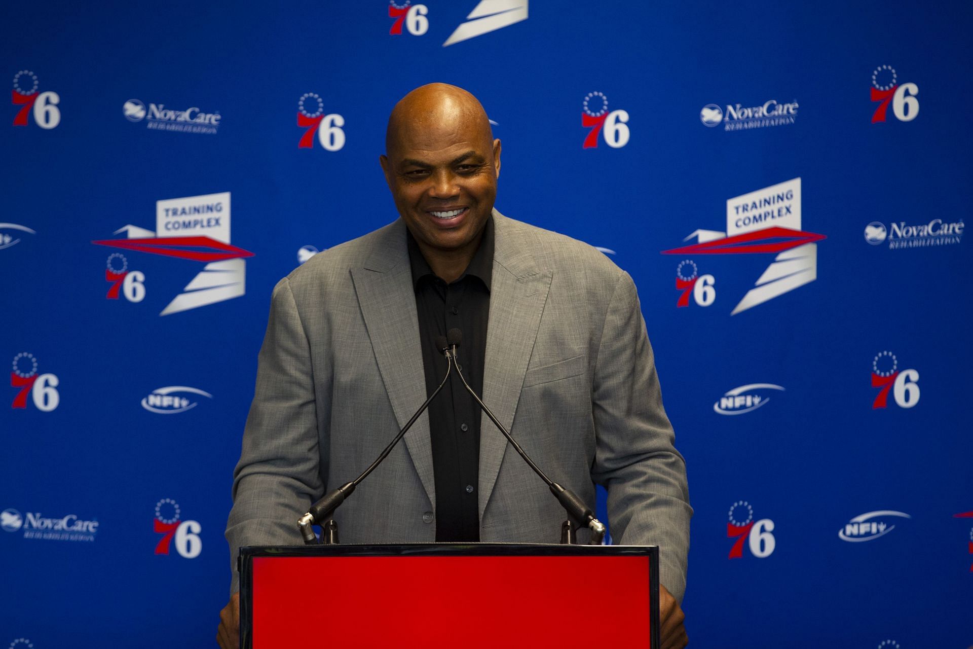 Charles Barkley speaks before his sculpture is unveiled at the Philadelphia 76ers' training facility Sept. 13, 2019, in Camden, N.J.