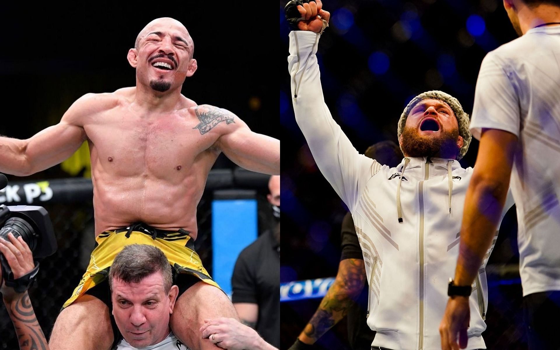 Jose Aldo (left), Rafael Fiziev (right) [Images Courtesy: @josealdojunioroficial on Instagram, UFC 265: Green v Fiziev via Getty]