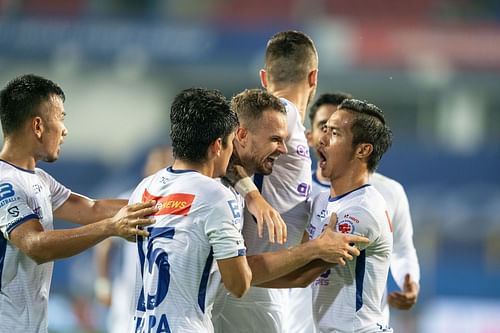 Chennaiyin FC players celebrate during their win over ATK Mohun Bagan. [Credits: ISL]