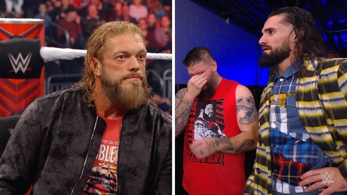 Edge (left); Seth Rollins and Kevin Owens (right)