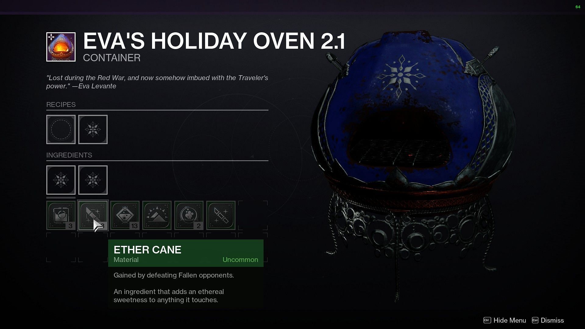 Eva&#039;s Holiday Oven 2.1 materials for a recipe (Image via Destiny 2)