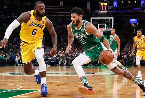 LeBron James and the LA Lakers are hoping to avoid a season sweep against bitter rivals Jayson Tatum and the Boston Celtics in their rematch on Tuesday. [Photo: USA Today]