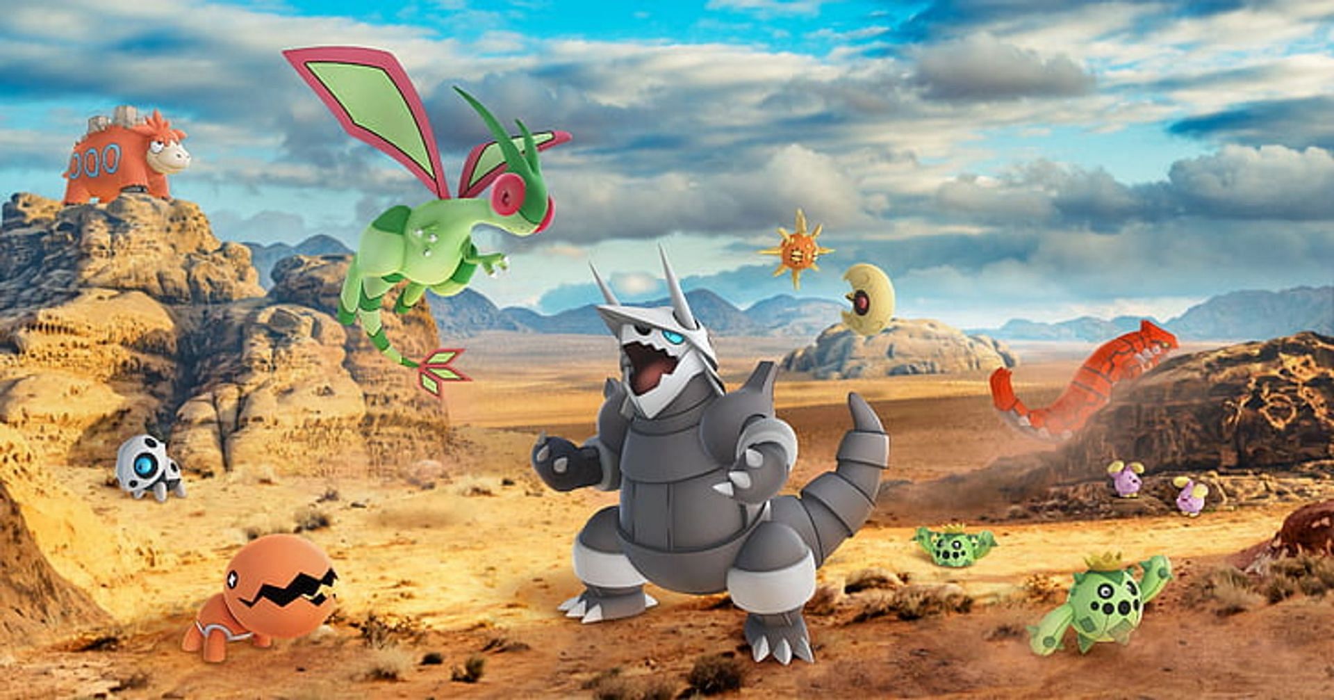 Aggron as it appears in promotional imagery for Pokemon GO (Image via Niantic)
