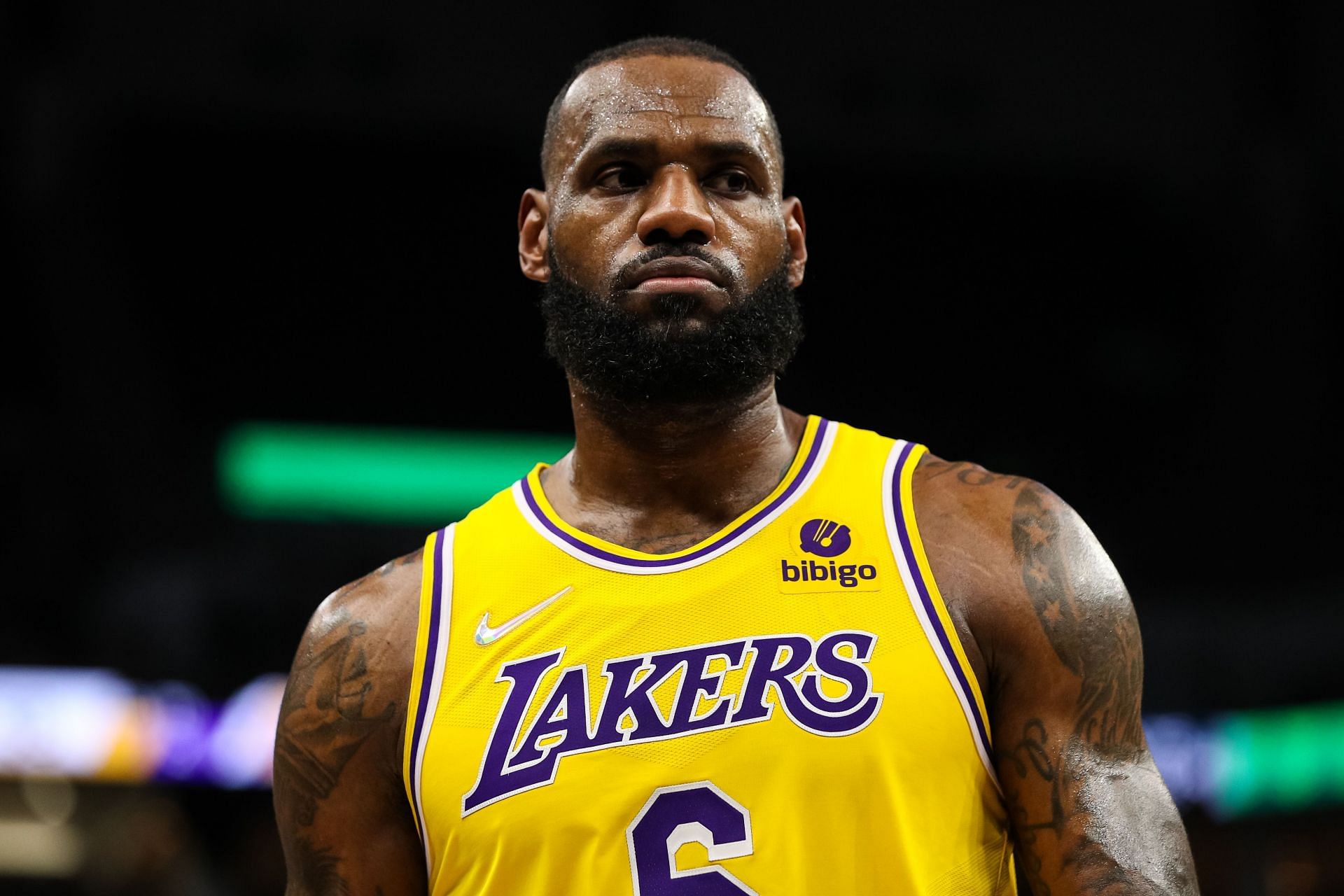 LeBron James of the LA Lakers looks on against the Minnesota Timberwolves in the third quarter on Dec. 17, 2021, in Minneapolis, Minnesota. The Timberwolves defeated the Lakers 110-92.