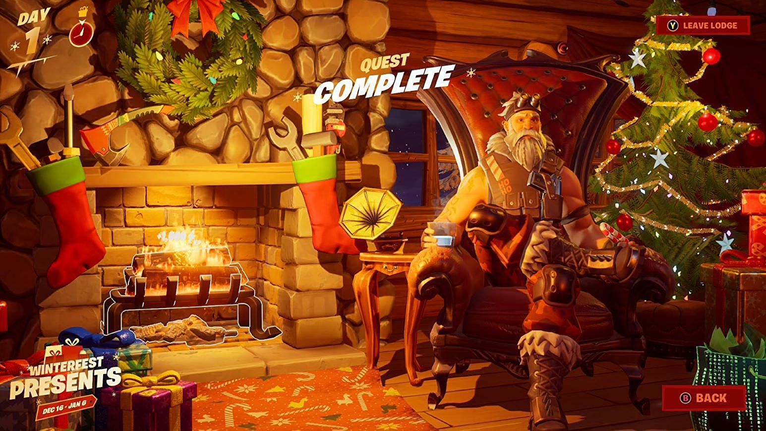 How to warm yourself at the Yule Log in Cozy Lodge in Fortnite WinterFest 2021 (Image via Epic Games)