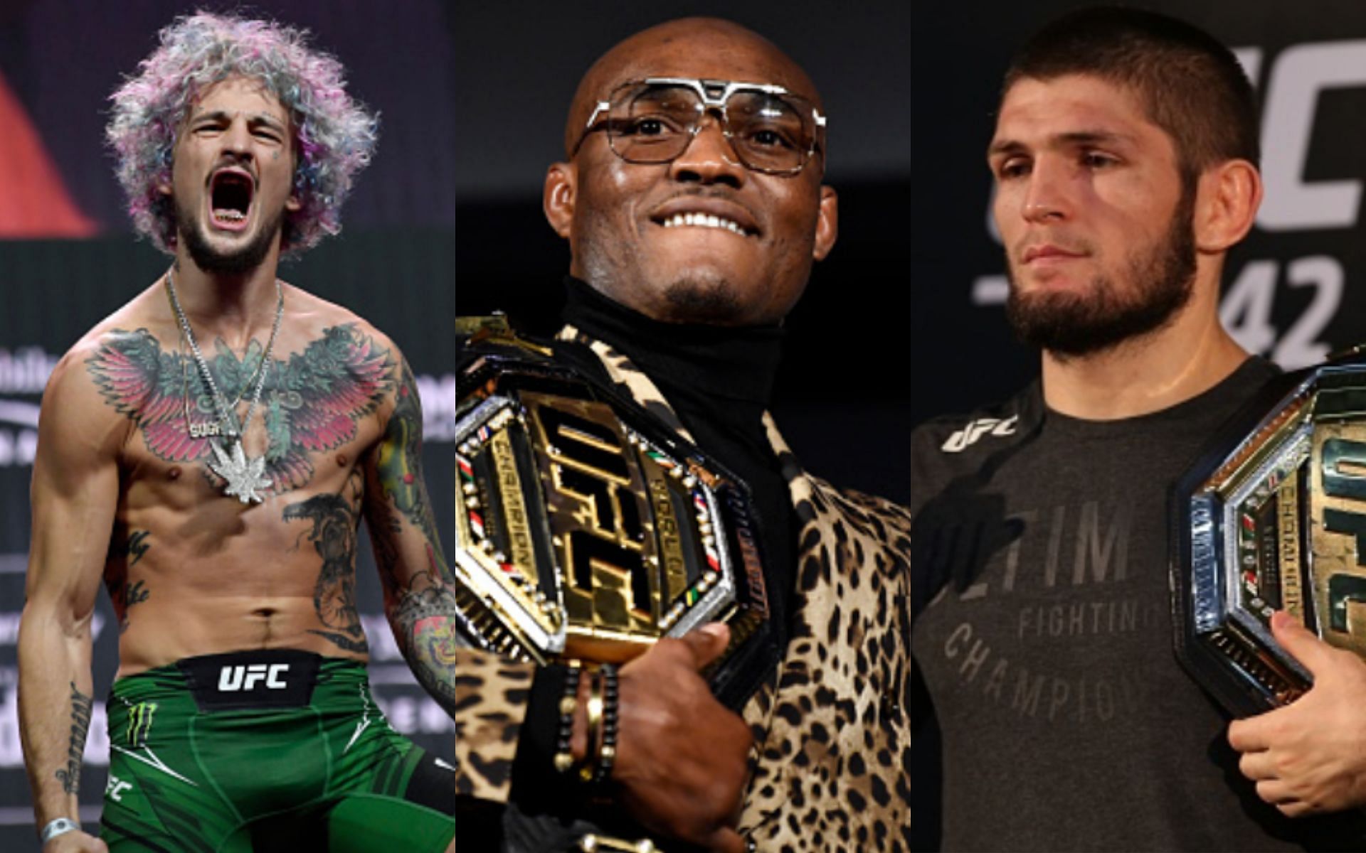 Sean O&#039;Malley (left); Kamaru Usman (center); Khabib Nurmagomedov (right)