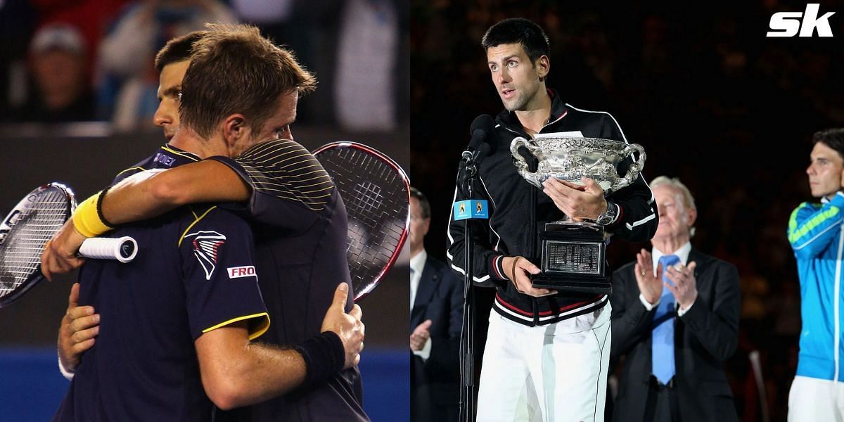(L)Novak Djokovic with Stan Wawrinka and (R) lifting the title at the Australian Open