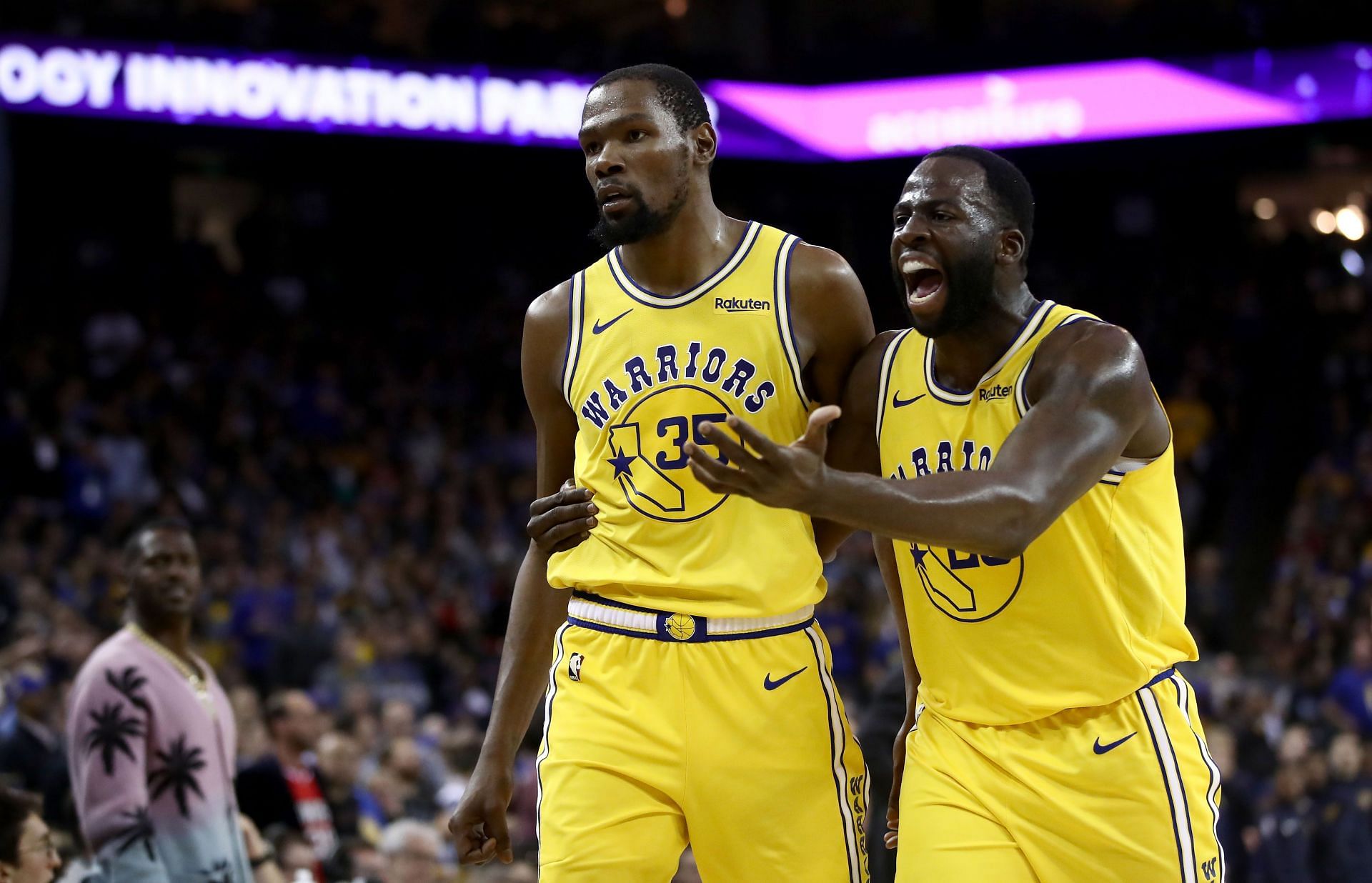 Kevin Durant, left, and Draymond Green of the Golden State Warriors