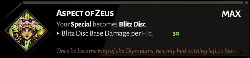 Aspect of Zeus, upgraded with 16 titan bloods (Image via Hades)