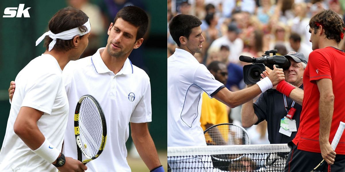 Novak Djokovic with Rafael Nadal at the 2011 Wimbledon Championships (L) and Roger Federer at the 2011 US Open (R) Novak Djokovic celebrates after downing Rafael Nadal at the 2011 Madrid Open