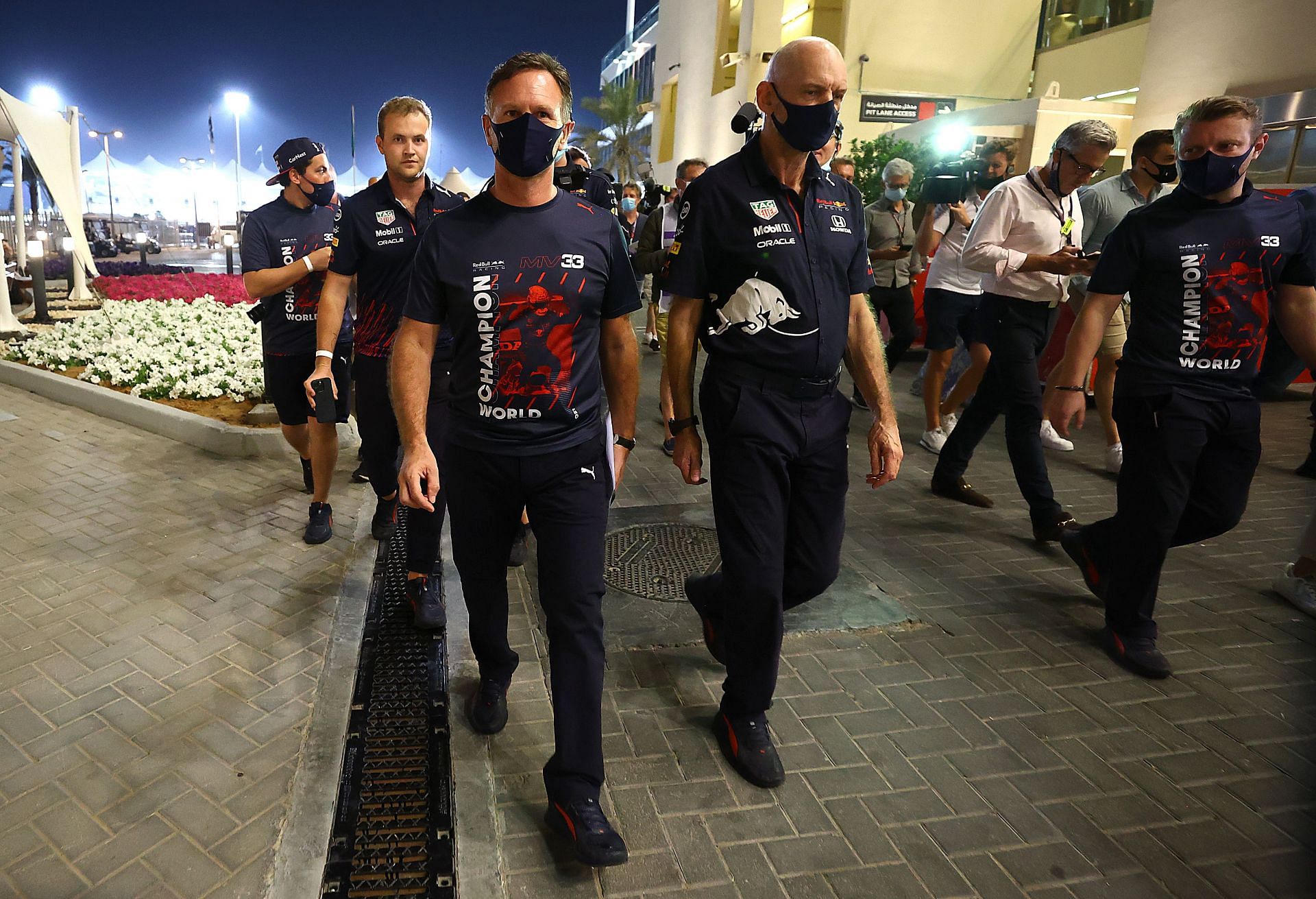 Red Bull Racing Team Principal Christian Horner and Adrian Newey, the Chief Technical Officer of Red Bull Racing walk from the FIA Stewards Office after the hearing for the appeal after the 2021 Abu Dhabi Grand Prix. (Photo by Clive Rose/Getty Images)