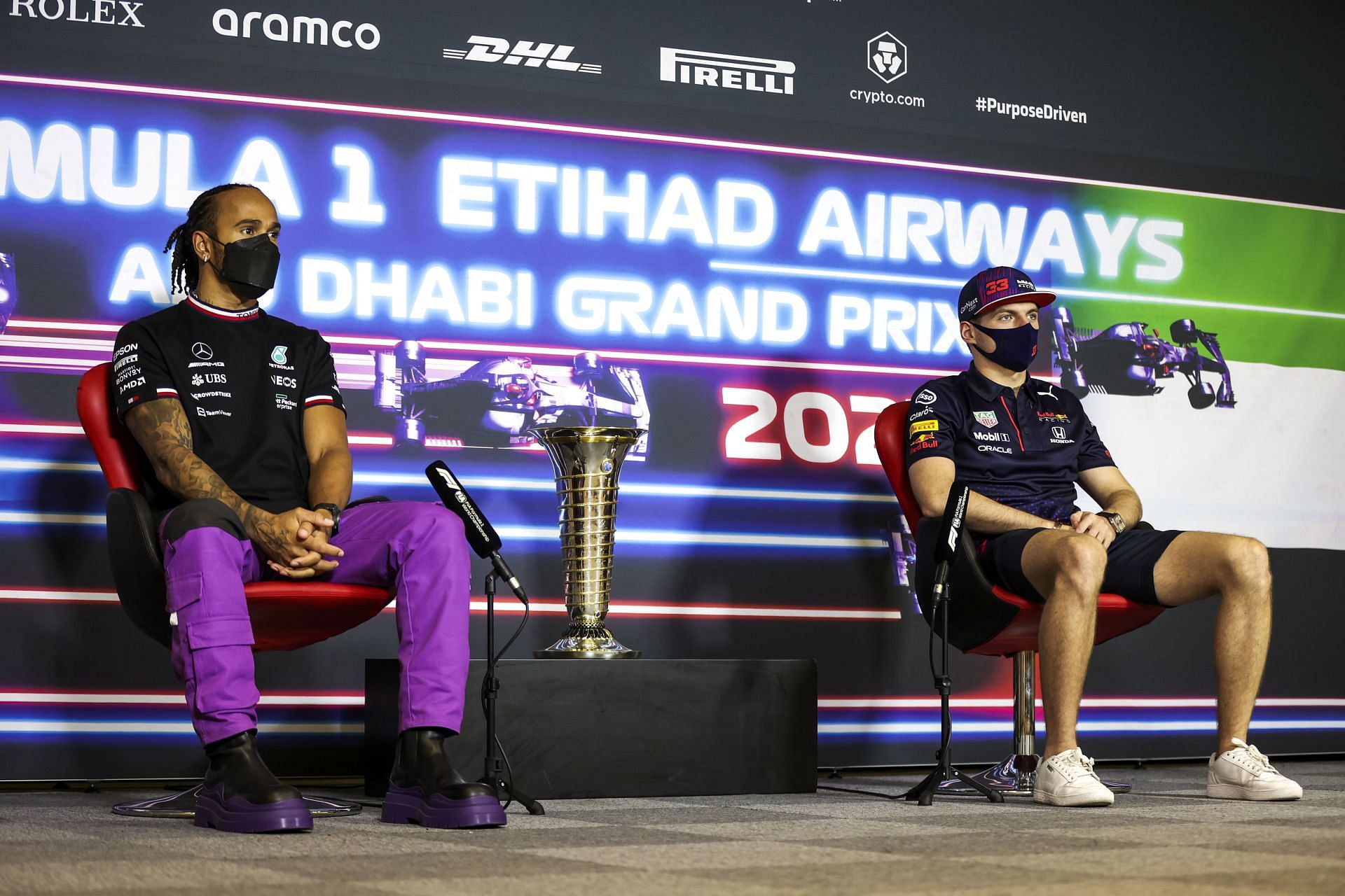 Lewis Hamilton (left) and Max Verstappen (right) were paired together for the FIA press conference on Thursday during the Abu Dhabi Grand Prix weekend