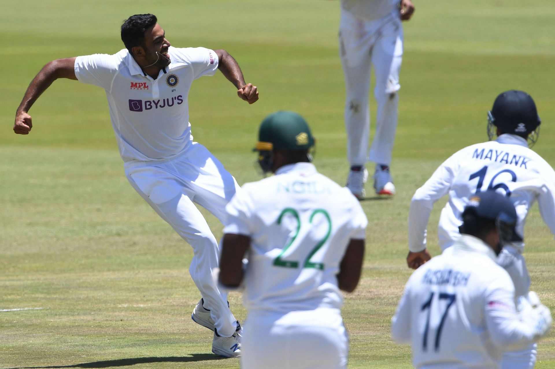 Ravichandran Ashwin (left) celebrates the wicket of Lungi Ngidi during the Centurion Test. Pic: Getty Images
