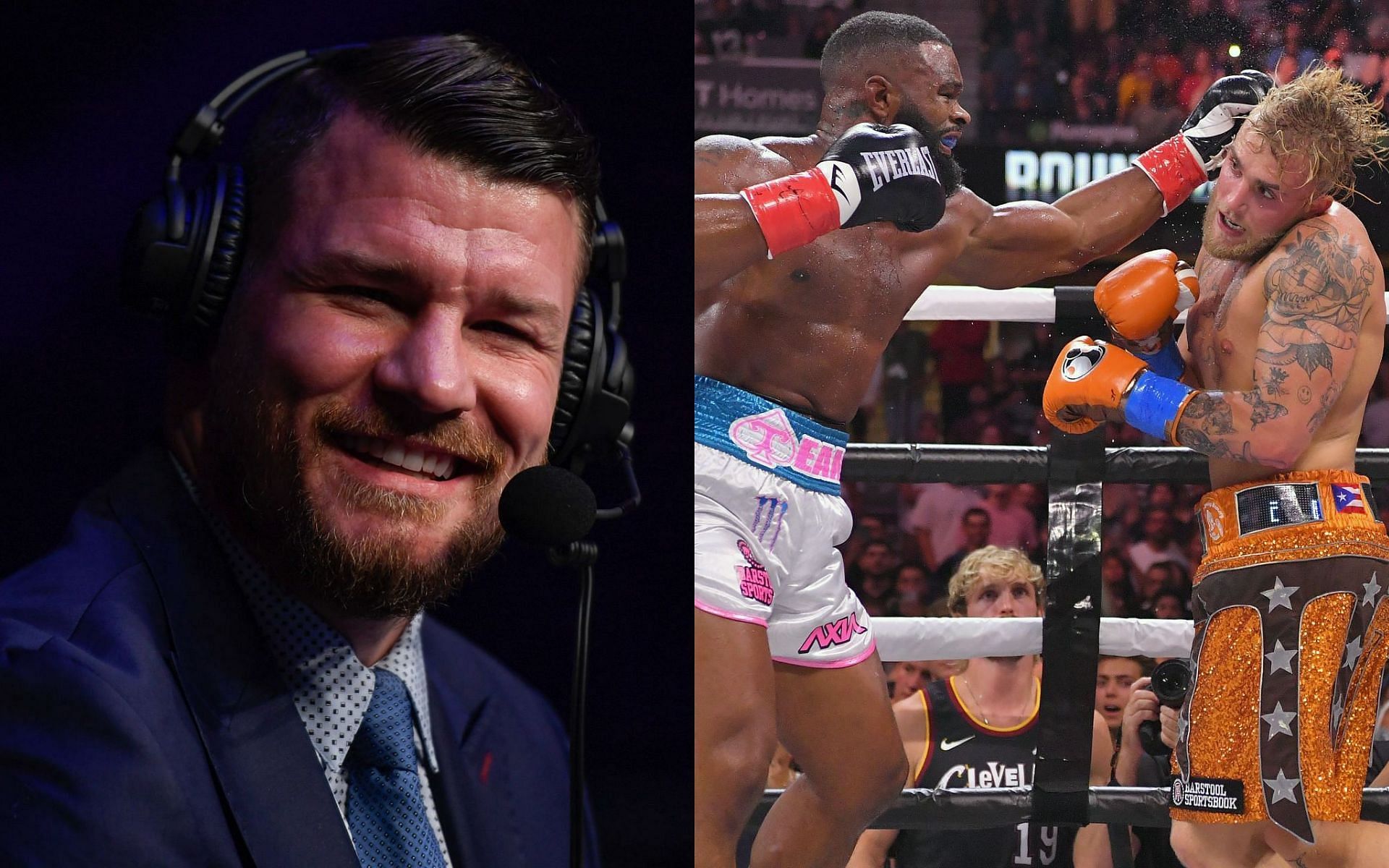 Michael Bisping (left), Tyron Woodley (center) &amp; Jake Paul (right)