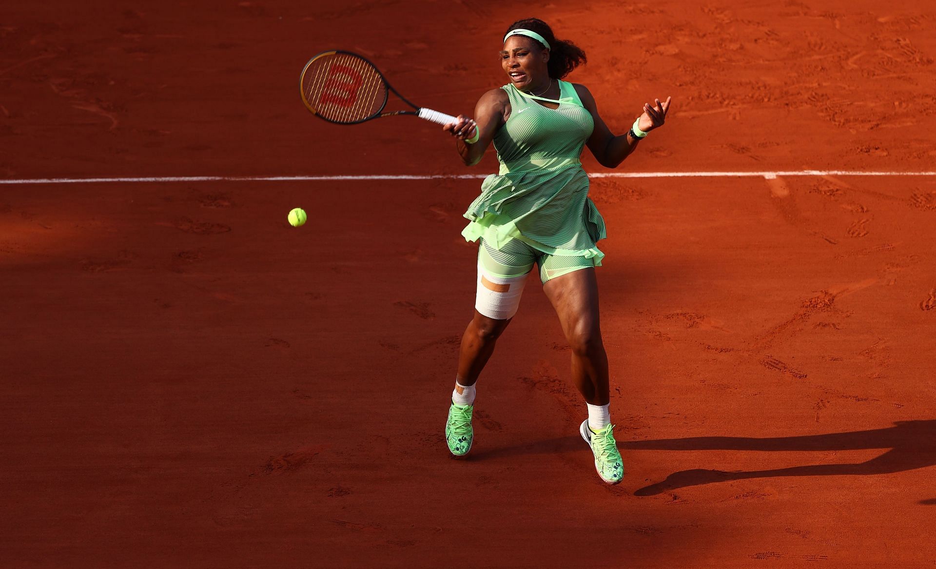 Serena Williams hits a forehand during her match with Elena Rybakina at the 2021 French Open