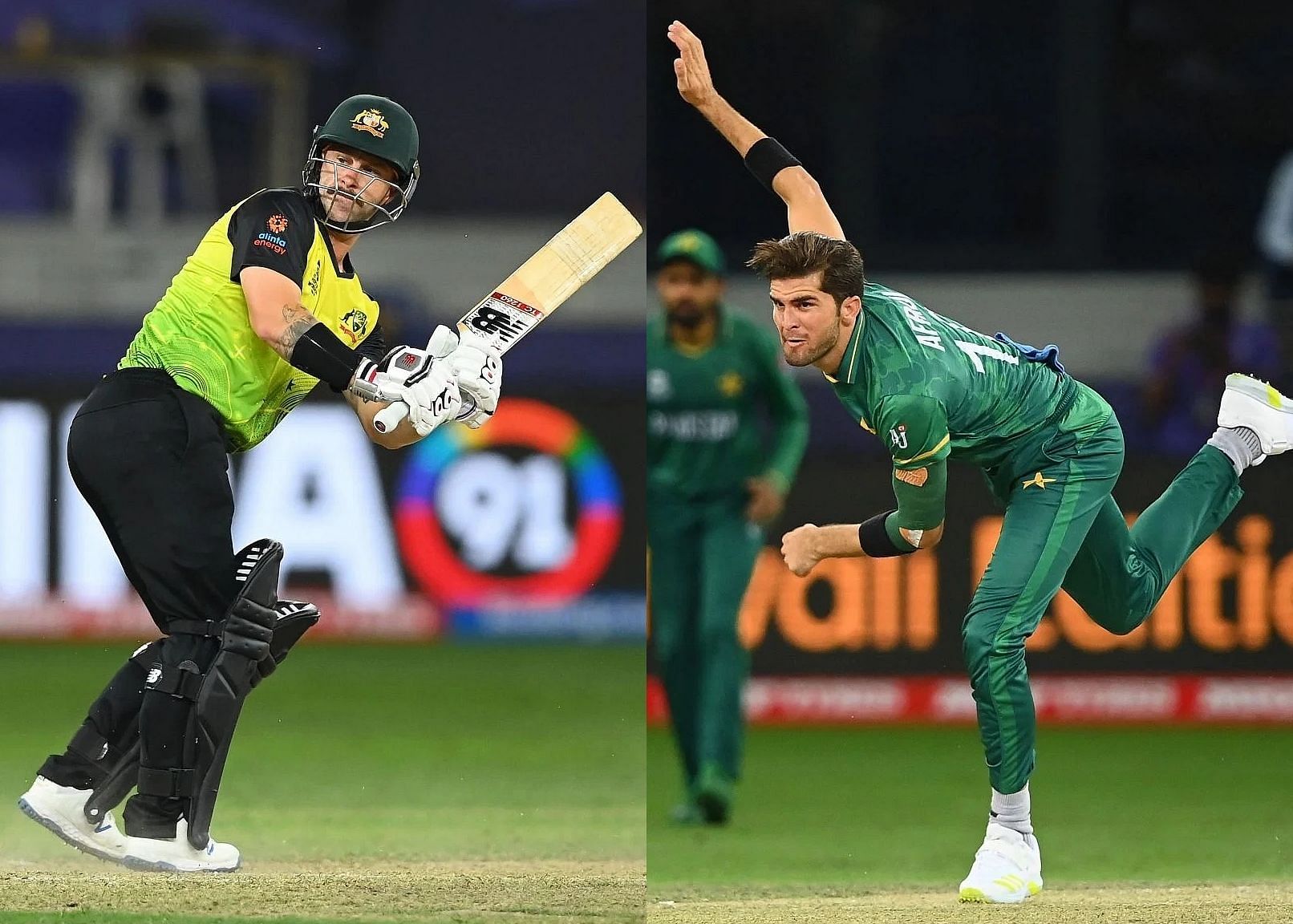 Matthew Wade (left) and Shaheen Afridi during the T20 Cricket World Cup 2021. Pics: Getty Images