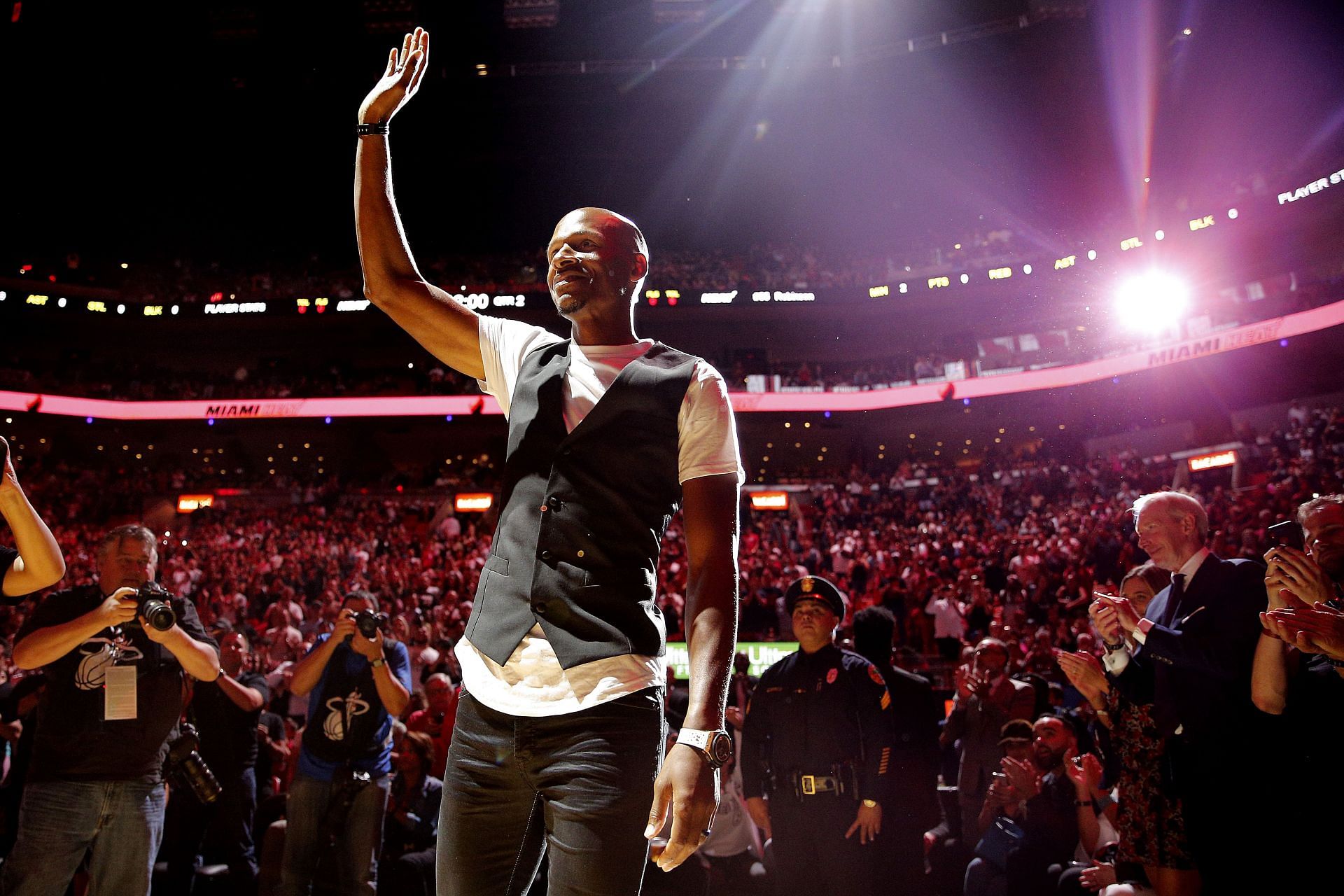 Former Miami Heat player Ray Allen is recognized during the first half between the Miami Heat and the Memphis Grizzlies at American Airlines Arena on Oct. 23, 2019, in Miami, Florida.