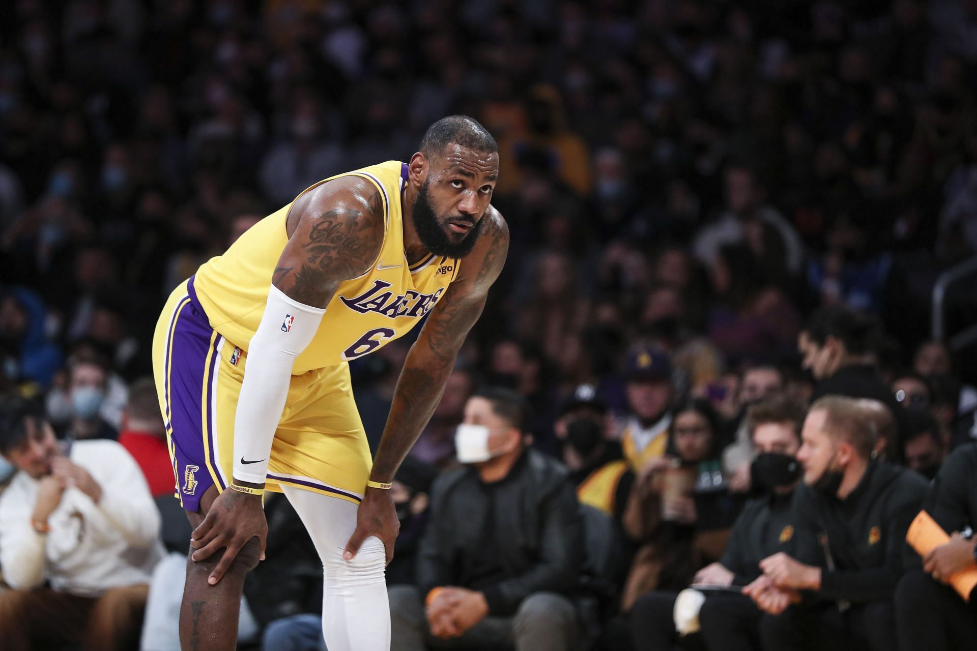 LeBron James #6 of the Los Angeles Lakers reacts during a game