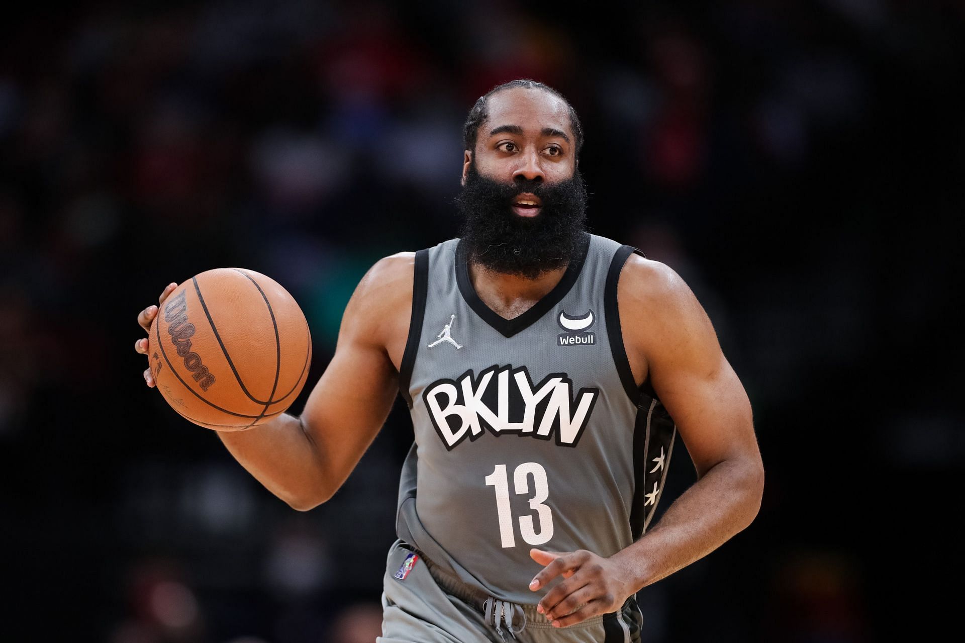 James Harden looks to make a play in the Brooklyn Nets vs Houston Rockets game.