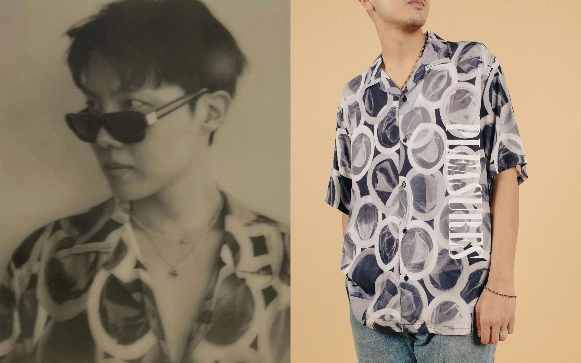 BTS J-Hope&#039;s Instagram post and Pleasures&#039; &#039;Protection&#039; Button Up shirt (Images via @uramyhope and @pleasures/Instagram)