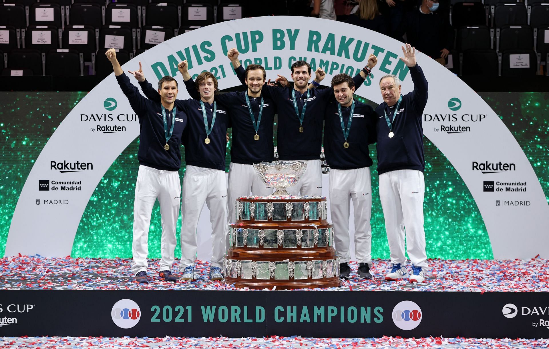 The Russian Tennis Federation team celebrates being crowned 2021 Davis Cup champions in Madrid