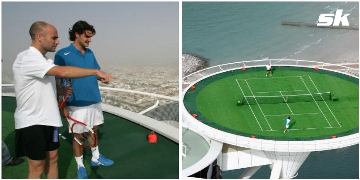 Roger Federer and Andre Agassi playing atop The Burj Al-Arab in Dubai