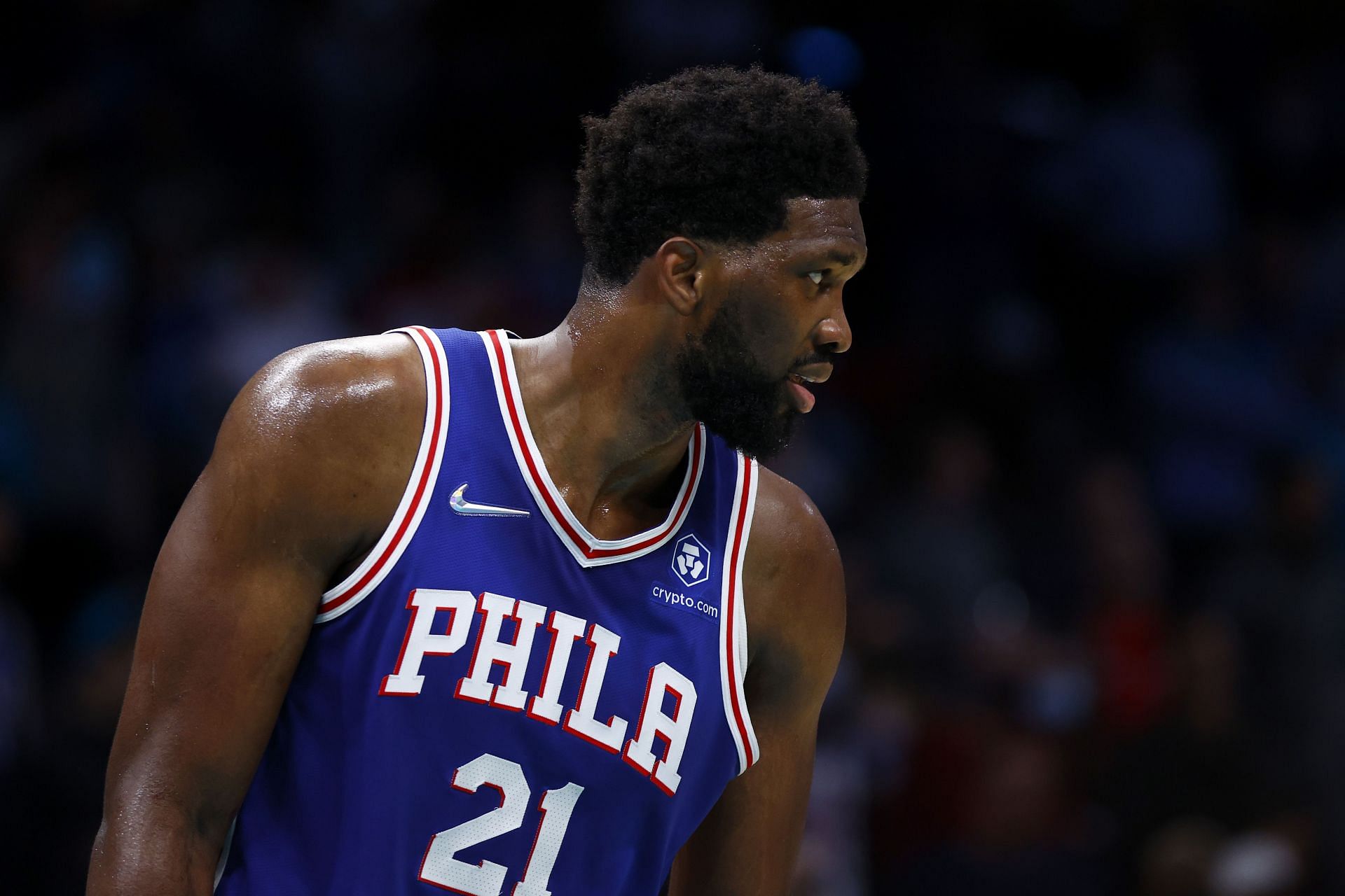 Joel Embiid looks on at the Philadelphia 76ers game