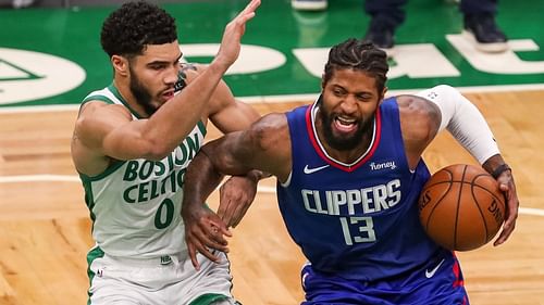 Jayson Tatum of the Boston Celtics against Paul George of the LA Clippers [Source: USA Today]