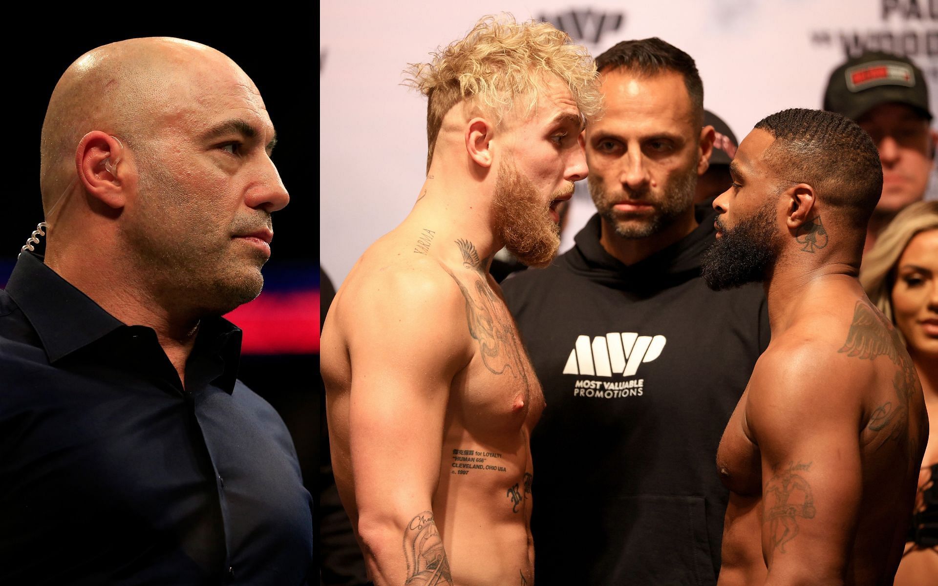 Joe Rogan (left) and the official face off ahead of Jake Paul vs. Tyron Woodley 2 (right)