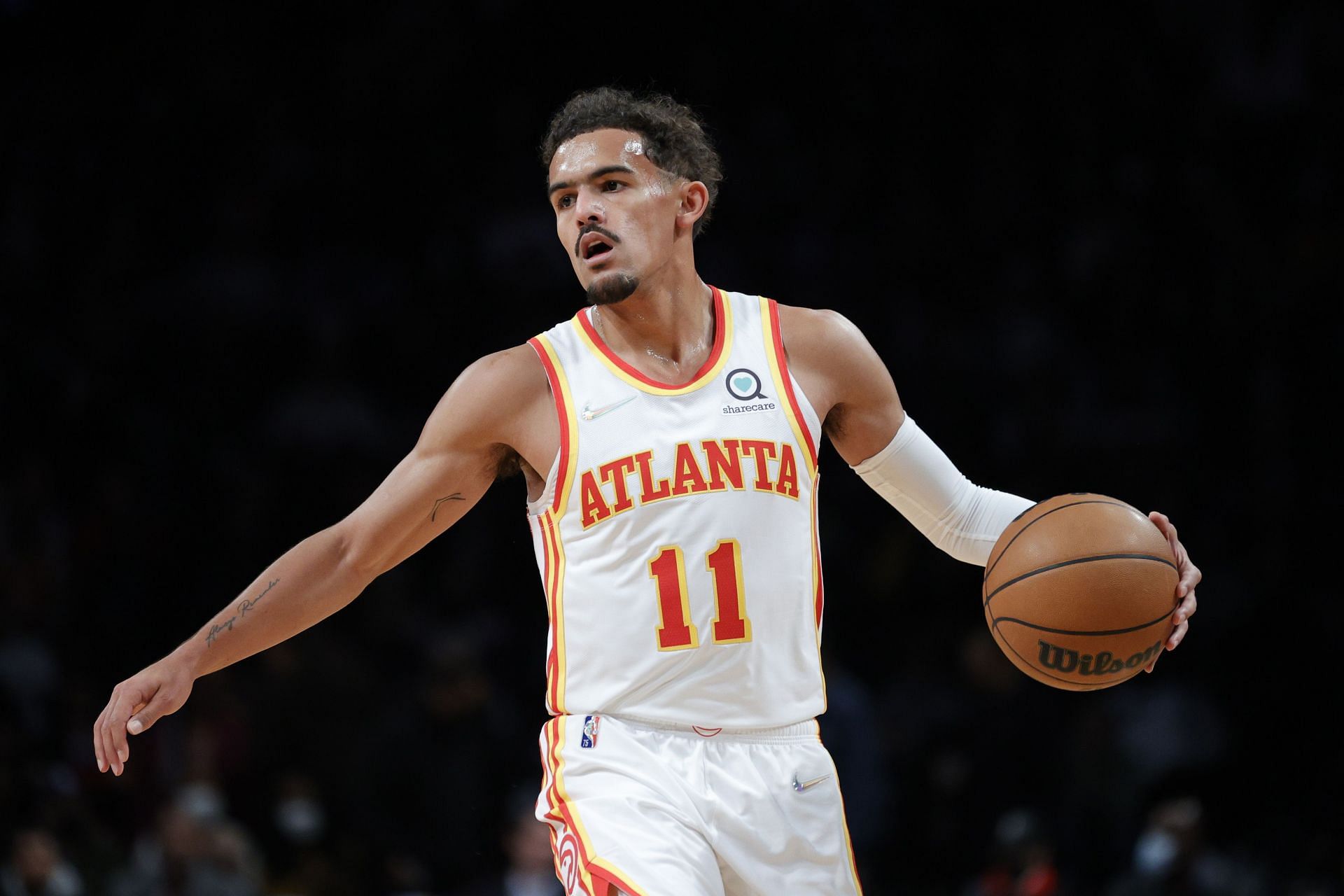 Trae Young #11 of the Atlanta Hawks dribbles during the first half against the Brooklyn Nets at Barclays Center on November 03, 2021 in the Brooklyn borough of New York City.