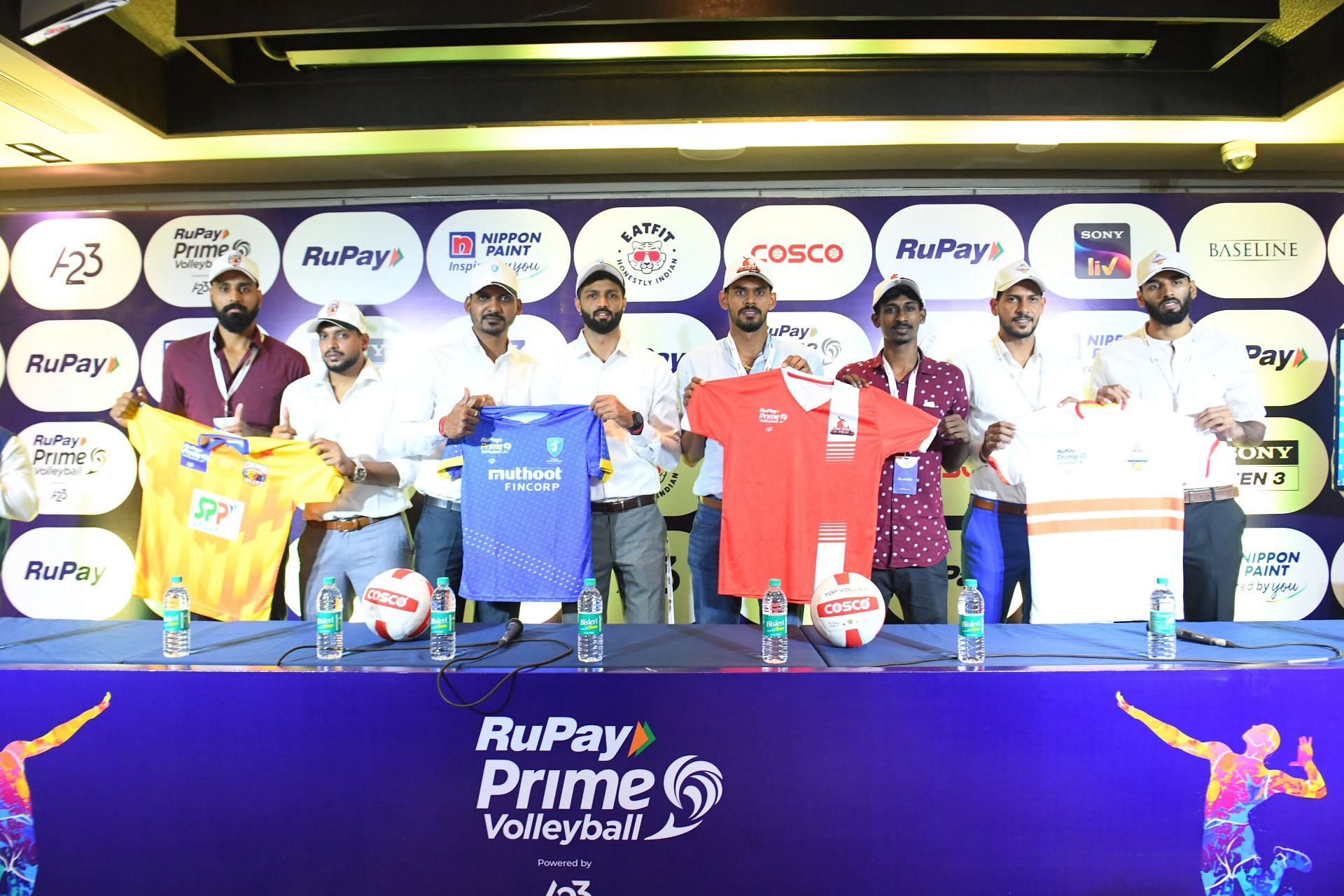 (From left) Akhin GS, Naveen Raja Jacob, Deepesh Kumar Sinha, Karthik A, Jerome Vinith, Ajithlal C, Jerome Vinith and Ashwal Rai at the Prime Volleyball League auction on Tuesday. (PC: PVL)