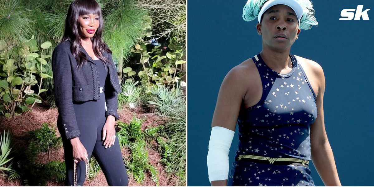 Venus Williams at the art event (l) and at the 2021 Miami Open.