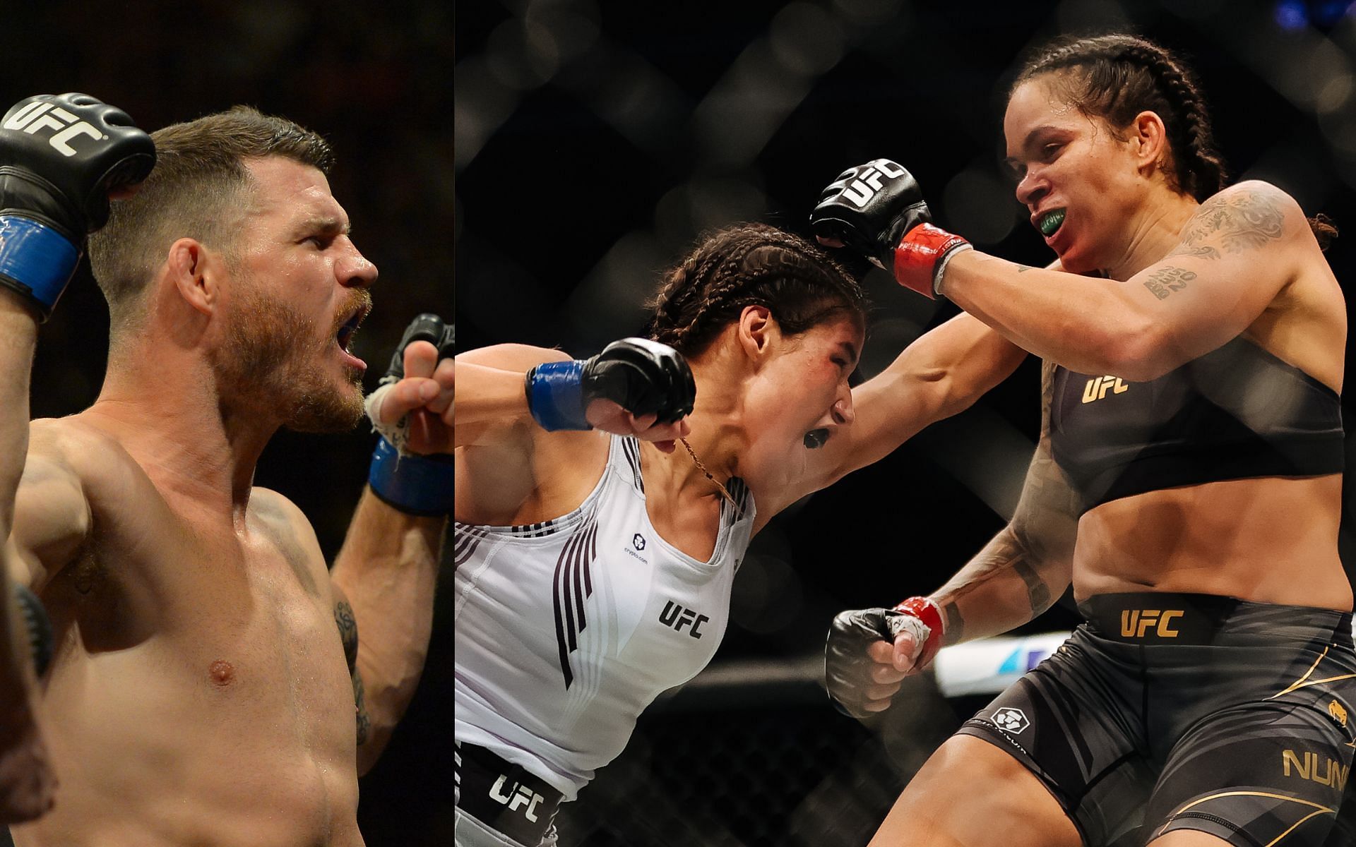 Former UFC middleweight champion Michael Bisping (left) and action from the women&#039;s bantamweight title fight between Julianna Pena and Amanda Nunes (right)