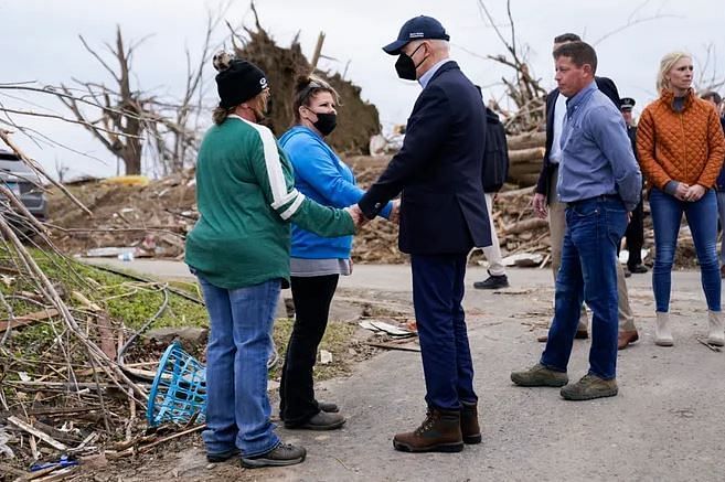 President Joe Biden speaks to people as he surveys damage from the tornado that hit Dawson Springs, Kentucky | Credit: Andrew Harnik