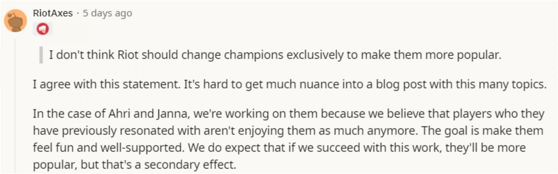 Riot developers providing clarification regarding the rework (Image via RiotAxes/Reddit)