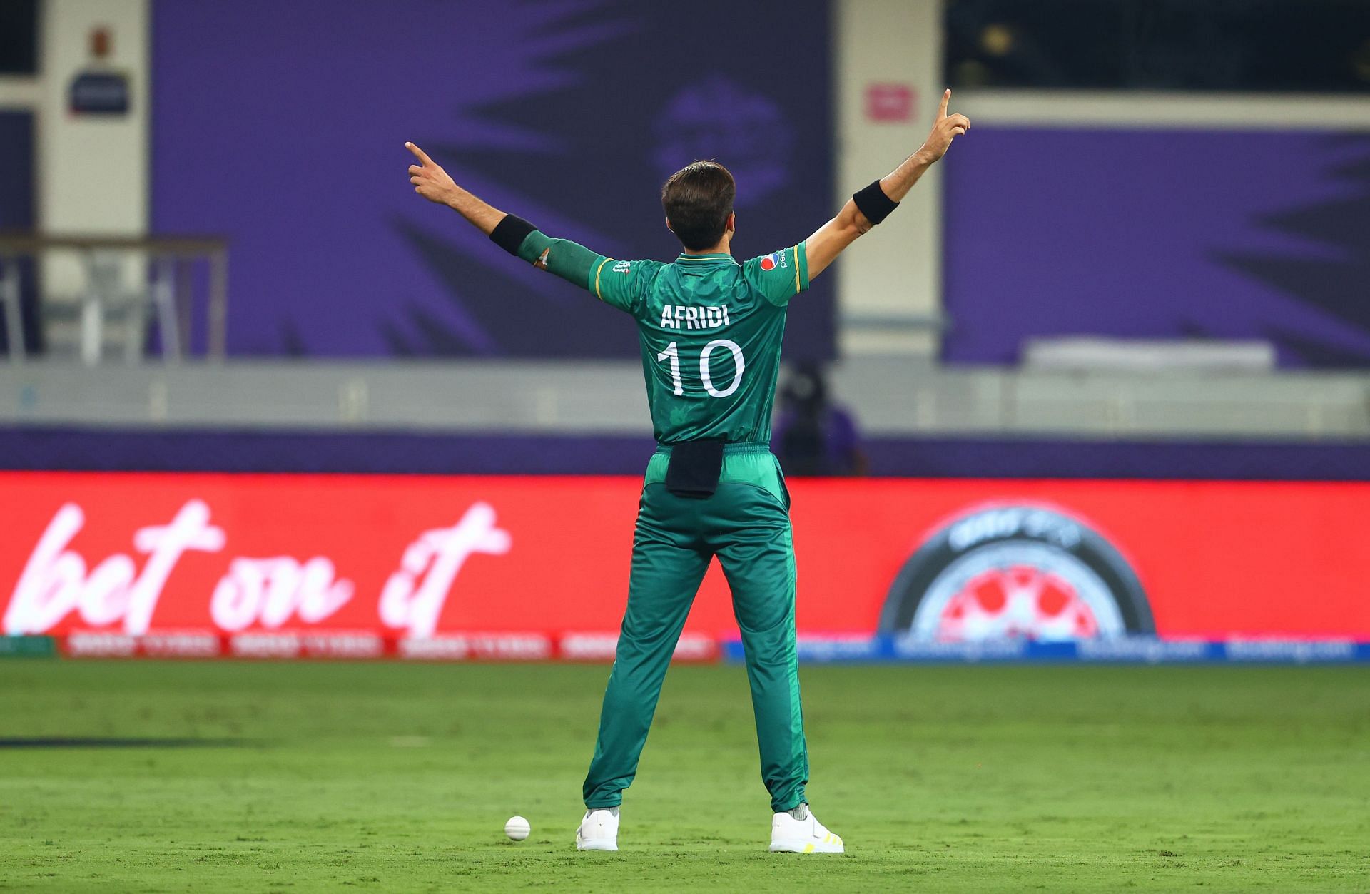 Shaheen Afridi celebrates the wicket of Rohit Sharma during the ICC T20 Cricket World Cup. Pic: Getty Images