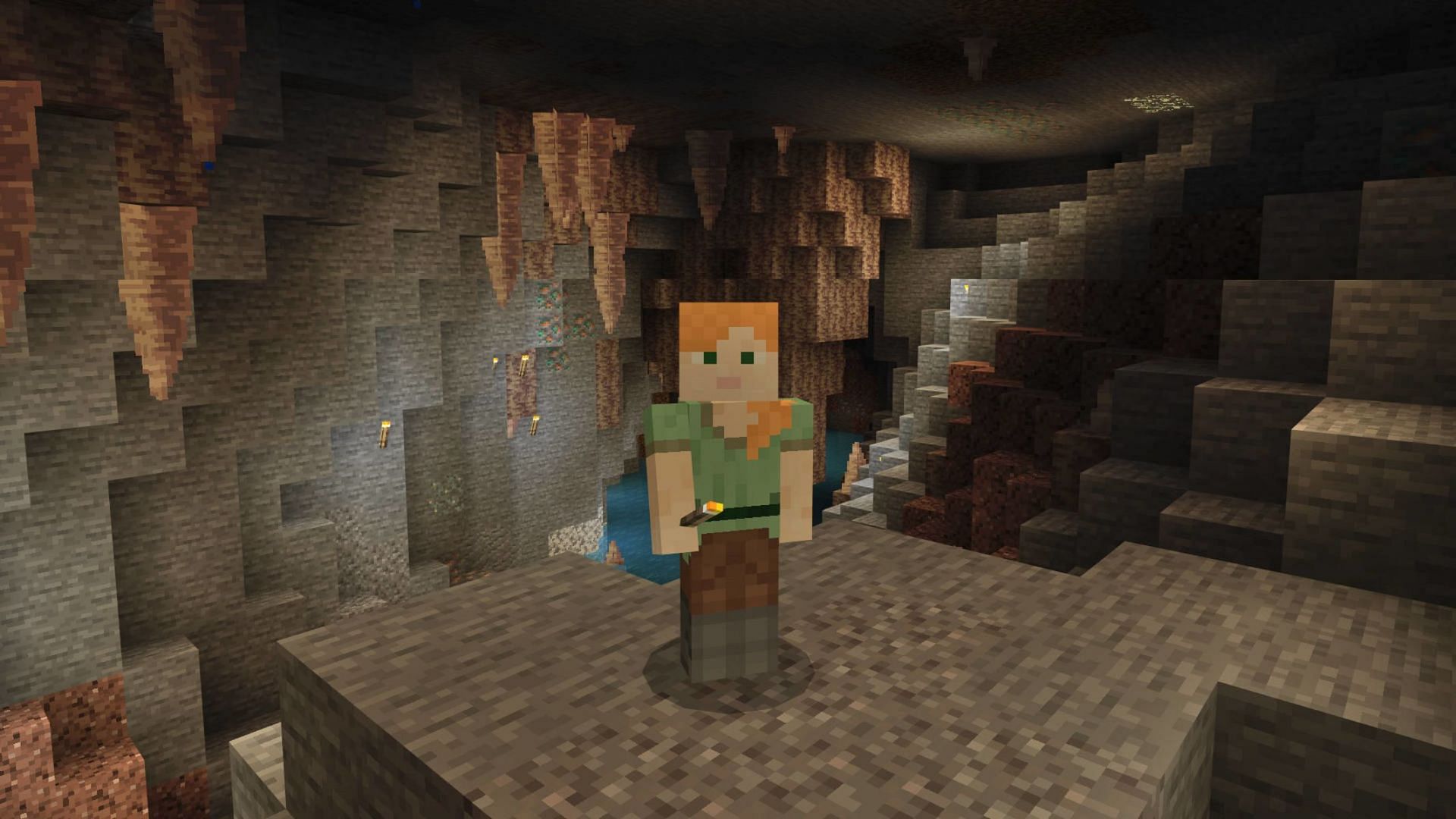 Alex featured inside a dripstone cave biome in Minecraft 1.18 (Image via Mojang)