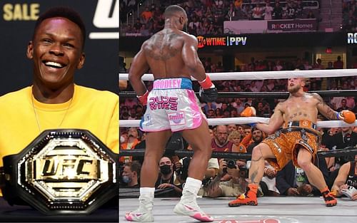 Israel Adesanya (left); Tyron Woodley vs. Jake Paul (right)